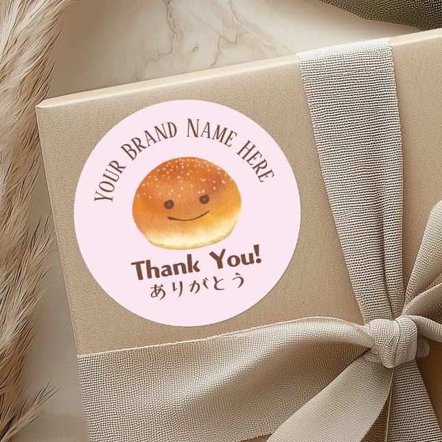 Bakery Thank You Cute Bread Smile Face Blush Pink Classic Round Sticker (Thank you stickers for bakery, with kawaii bread illustration)