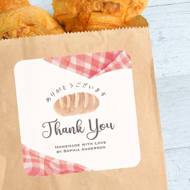 Bakery Thank You Watercolor Bread Red Gingham Square Sticker (Creator Uploaded)