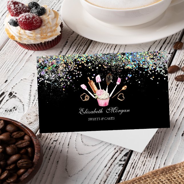 Bakery Tools Cupcake Colourful Confetti, Black  Business Card (Creator Uploaded)