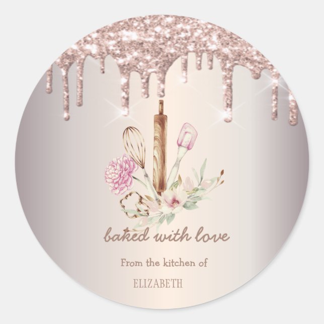Bakery Tools Flowers  Glitter Drips Classic Round Sticker (Front)