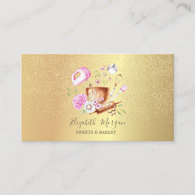 Bakery Tools Flowers Rose Gold Confetti  Business Card (Front)