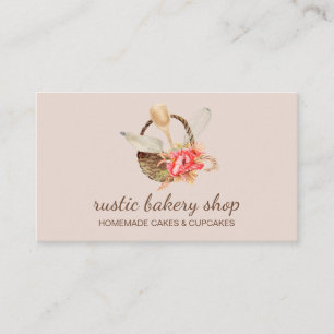 Bakery Utensils with Rustic Basket pink Business Card
