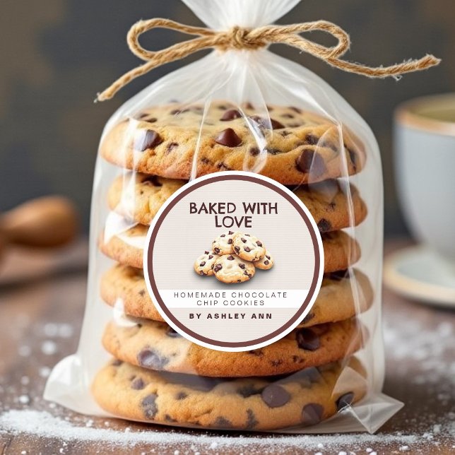 Bakery watercolor Chocolate Chip Cookie Classic Round Sticker (Baked with love cookie stickers with watercolor chocolate chip cookies)