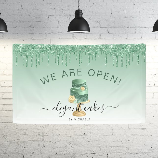 Bakery We Are Open Glitter Drip Green Cake Banner (Creator Uploaded)