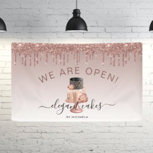 Bakery We Are Open Glitter Drip Rose Gold Cake Banner