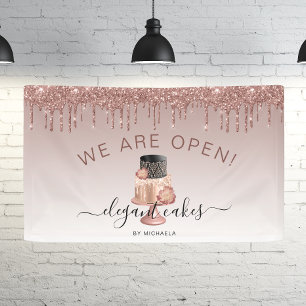 Bakery We Are Open Glitter Drip Rose Gold Cake Banner