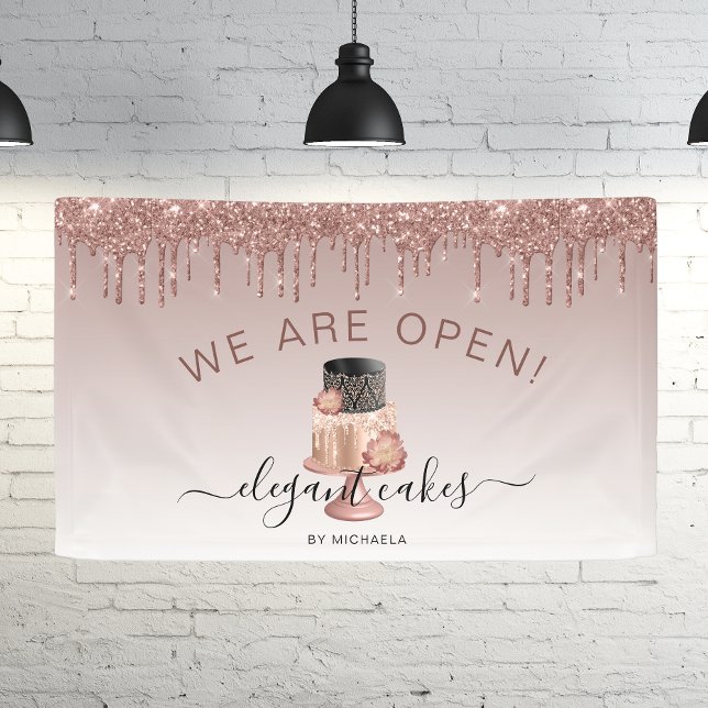 Bakery We Are Open Glitter Drip Rose Gold Cake Banner (Creator Uploaded)