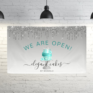 Bakery We Are Open Glitter Drip Turquoise Cake Banner