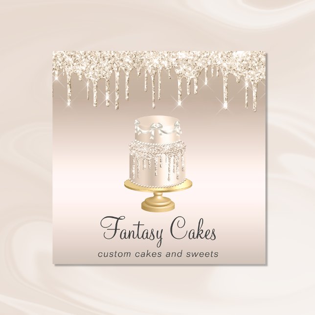 Bakery Wedding Cake Gold Glitter Drips Square Business Card (Creator Uploaded)