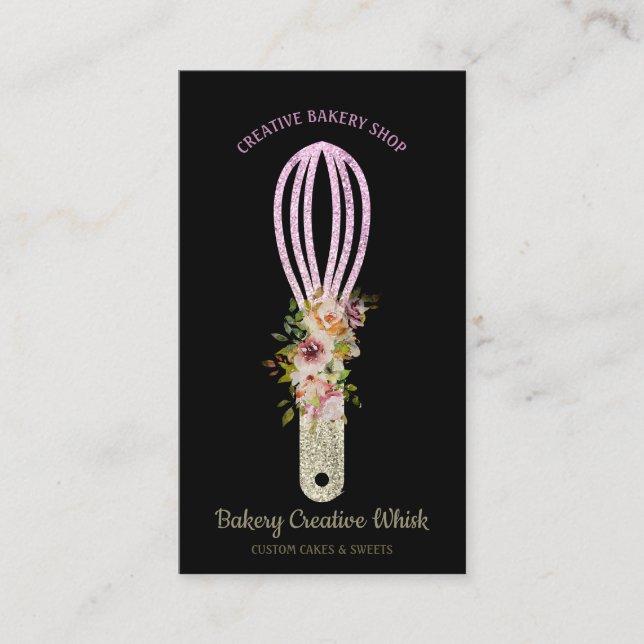 Bakery Whisk sparkling glitz gold Black Business Card (Front)