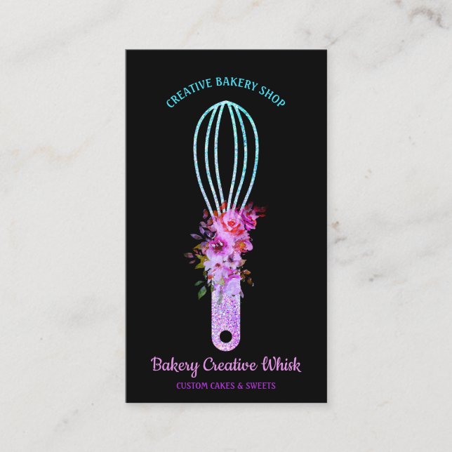Bakery Whisk sparkling glitz teal Black Business Card (Front)