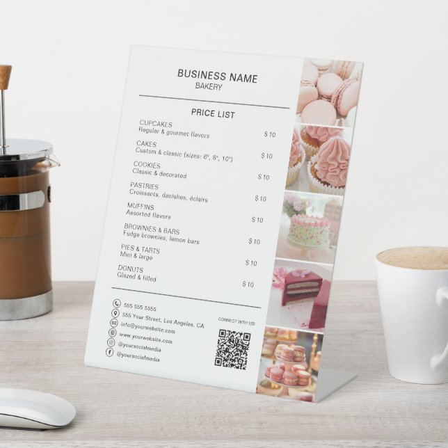 Bakery White Photo Social Media QR Price List Pedestal Sign (In SItu)