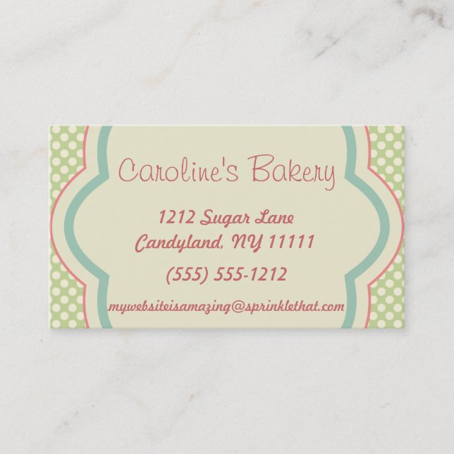 Baking and Bakery Boutique, Green Polka Dot Business Card (Front)