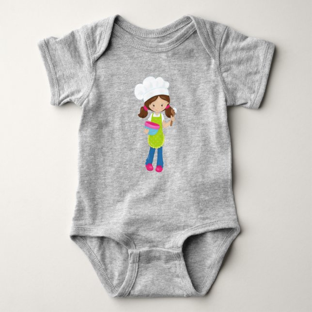 Baking, Baker, Bakery, Cute Girl, Brown Hair Baby Bodysuit (Front)