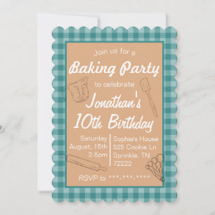 Baking Birthday Invitation Blue Plaid