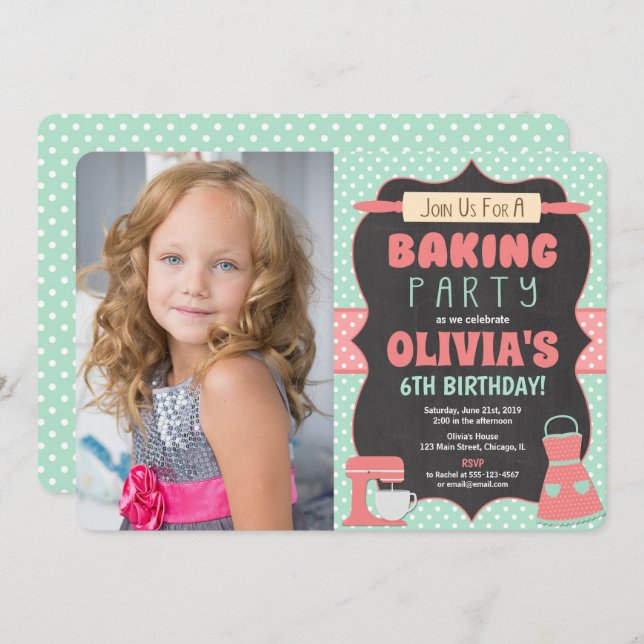 Baking birthday party cake decorating photo invitation (Front/Back)