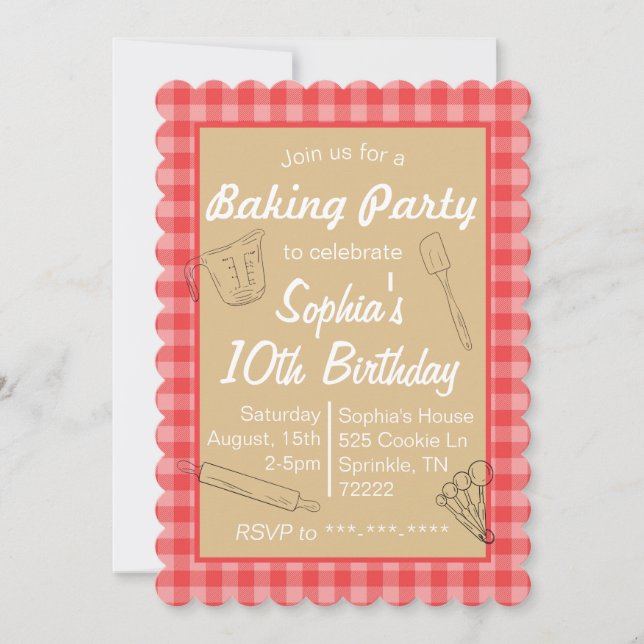 Baking Birthday Party Invitation Pink Plaid (Front)