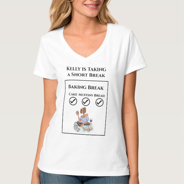 Baking Break Relaxing Lady with Wine, Cat & Cell T-Shirt (Front)