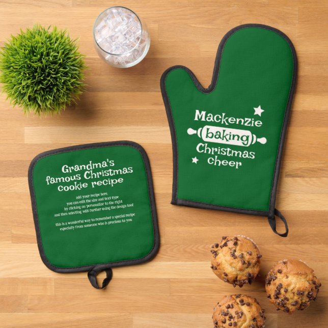 Baking Christmas Cheer Recipe Oven Mitt & Pot Holder Set (Top Down)