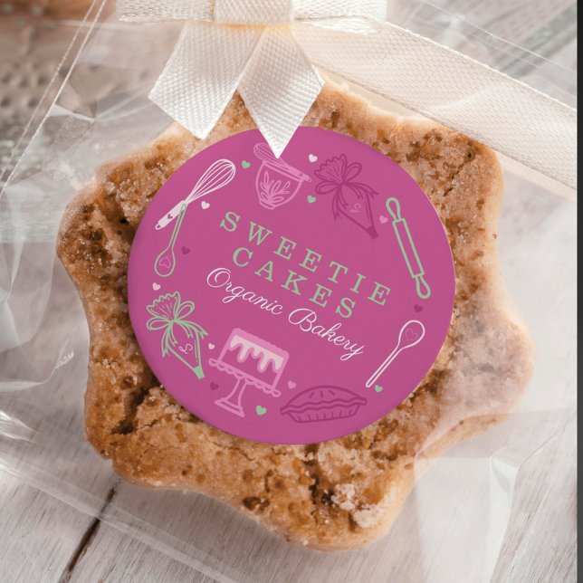 Baking & Cooking Utensil Pink & Green Bakery Classic Round Sticker (Creator Uploaded)