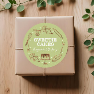 Baking & Cooking Utensil Woodgrain Texture & Green Classic Round Sticker