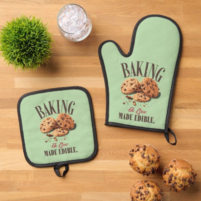 Baking is Love Made Edible Oven Mitt & Pot Holder Set (Top Down)