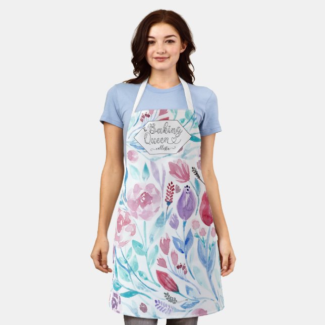 Baking Queen Pink Blue Spring Watercolor Flowers Apron (Worn)