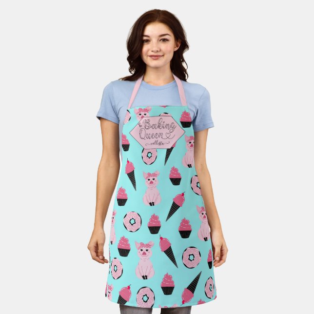 Baking Queen Pink Mint Piggy Doughnut Ice Cream Na Apron (Worn)