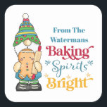 Baking Spirits Bright Cookie Christmas Holiday  Square Sticker<br><div class="desc">Share some of your favourite holiday cookies and treats with family and friends. Include this Baking Spirits Bright typography style on your baked good packaging. Features a cute festive Christmas or holiday gnome holding a ginger bread person and a baking rolling pin. Monogrammed with your name.</div>