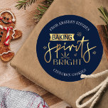 Baking Spirits Bright Navy & Gold Christmas Cookie Classic Round Sticker<br><div class="desc">Christmas baking sticker that reads 'Baking Spirits Bright',  featuring modern fonts,  festive faux gold design with navy blue background as well as space for your name and custom message. Perfect to label holiday treats for a cookie exchange or use for your Christmas home-baked gifts.</div>