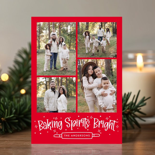 Baking Spirits Bright Red 4 Photo Collage Holiday Card (Creator Uploaded)
