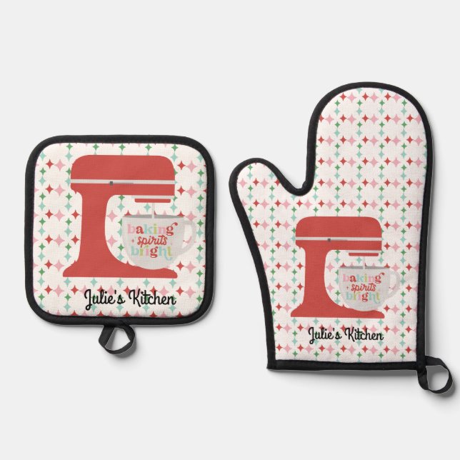 Baking Spirits Bright Retro Mixer Oven Mitt & Pot Holder Set (Front)