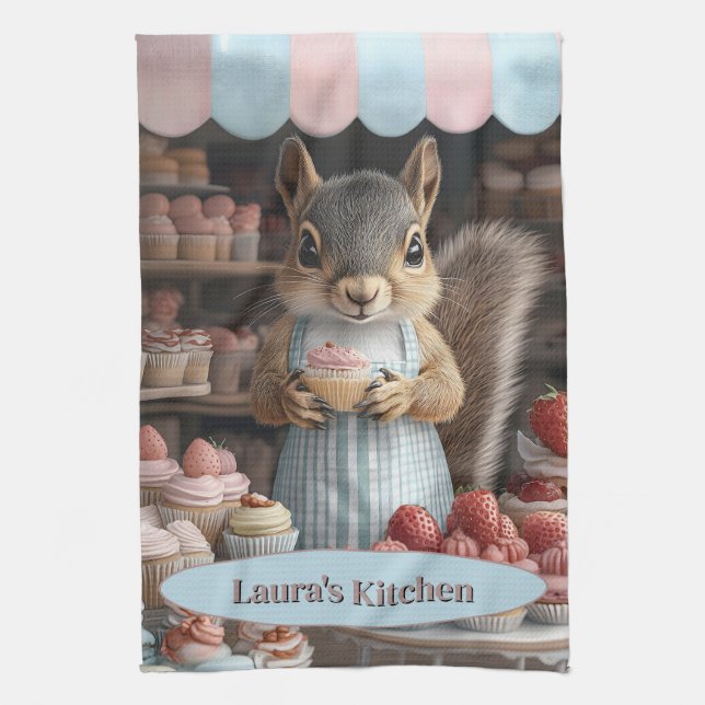 Baking Squirrel with Cupcake Tea Towel (Vertical)