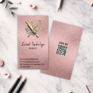 Baking Utensil QR Code Rose Gold Glitter Bakery Business Card