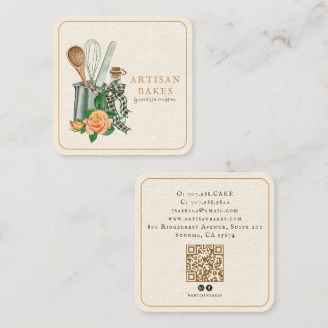 Baking Utensils Bakery Baker QR Code Square Business Card (Front/Back)