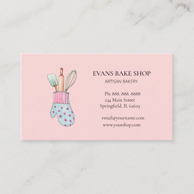 Baking utensils & mitten pink bakery business card (Front)