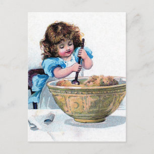 BAKING vintage girl baking cake illustration Postcard