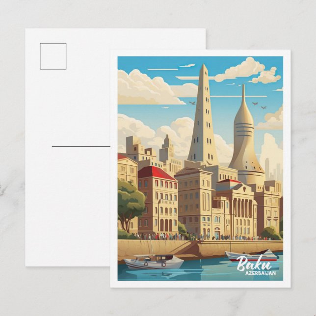Baku Azerbaijan Art Vintage Travel Illustration Postcard (Front/Back)