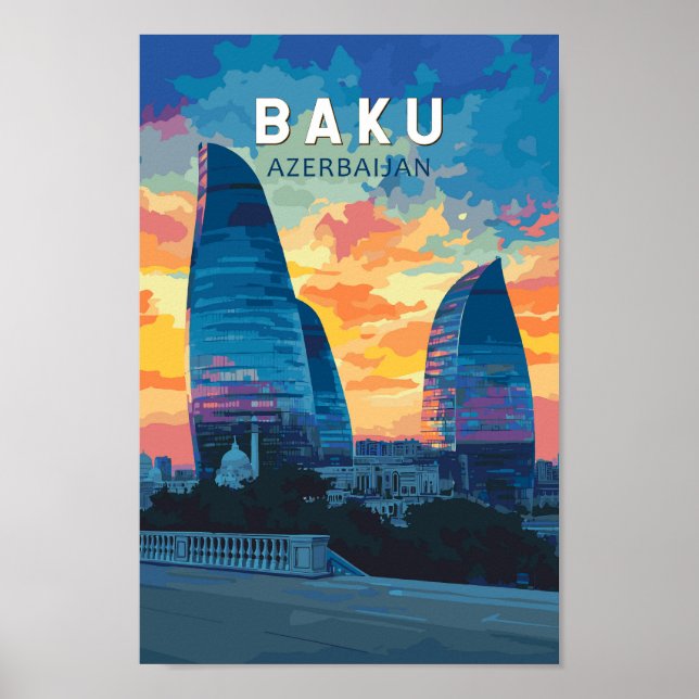 Baku Azerbaijan Travel Art Vintage Poster (Front)