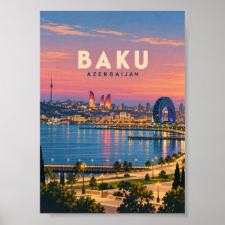 Baku Azerbaijan Vintage Travel Art Poster