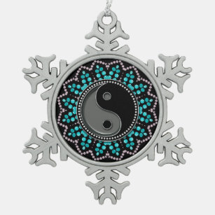 Balance YinYang Aqua Black New Age Sparkle Snowflake Pewter Christmas Ornament