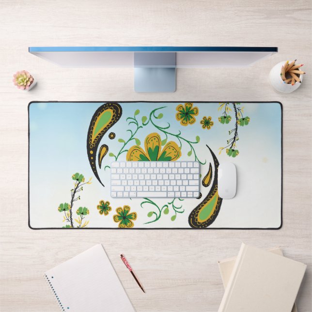 Balanced Bloom – Soft Green & Yellow Florals Desk Mat (Office 1)