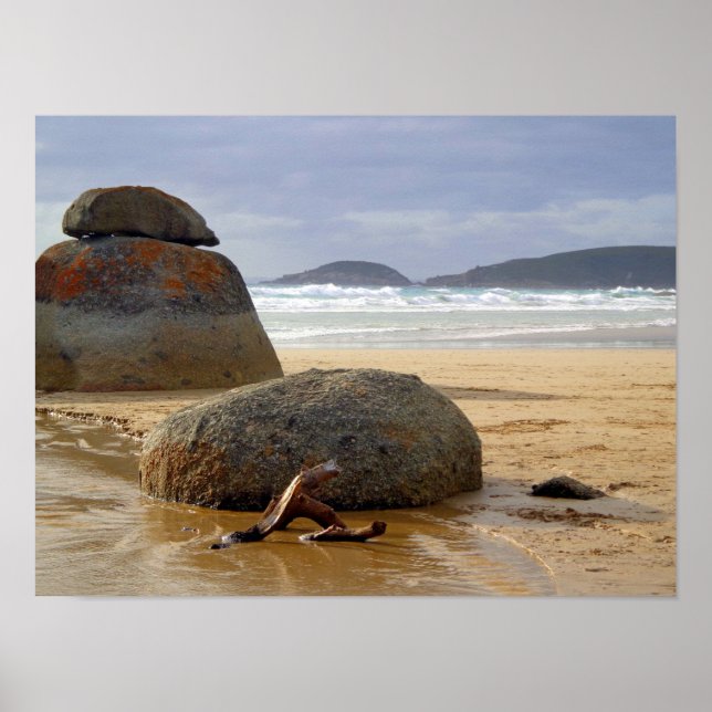 Balanced Rocks and Driftwood on Australian Beach Poster (Front)