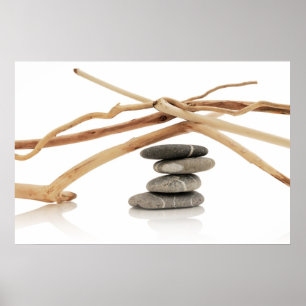 Balancing pebbles and driftwood poster