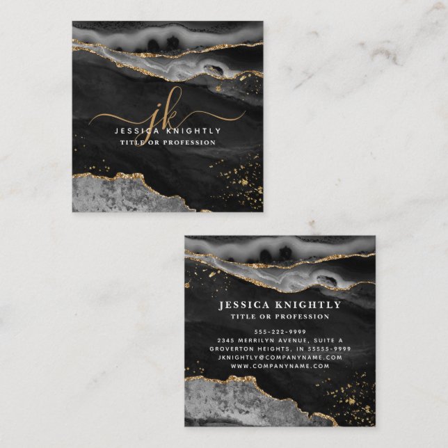Balck Agate Gold Glitter Script Monogram Square Business Card (Front/Back)