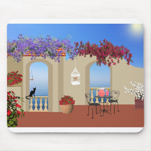 Balcony Outside Flowers Table Tranquillity Seaside Mouse Pad (Front)