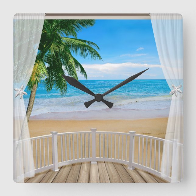 Balcony with a Beach Ocean View Square Wall Clock (Front)