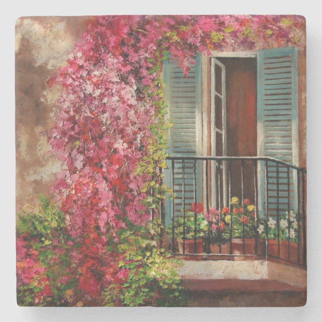 Balcony With Flowers Fine Art Stone Coaster (Front)