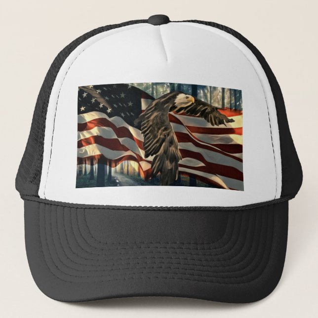 Bald Eagle American Flag Country Road Trucker Hat (Front)
