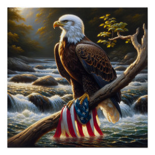 Bald Eagle and American Flag On a Tree Branch Poster